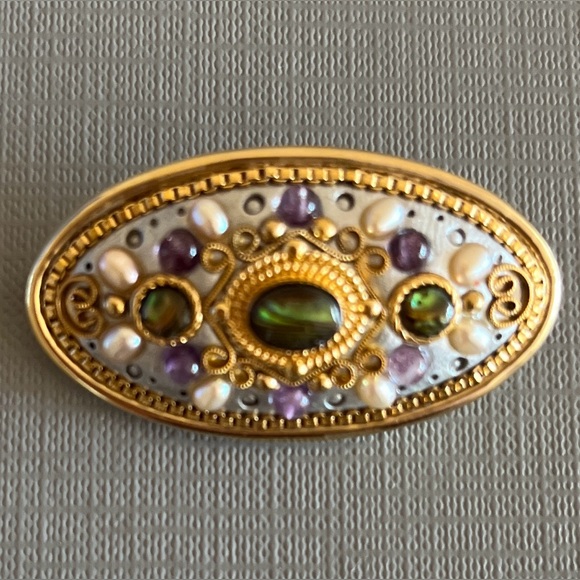 Michal Golan Jewelry - MICHAL GOLAN 24K GOLD PLATED PEARL AMETHYST CABOCHON STATEMENT
BROOCH PENDANT